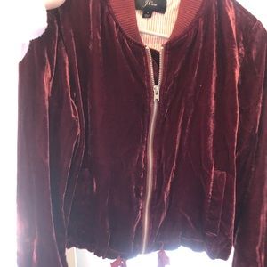 Merlot crushed velvet J Crew bomber jacket